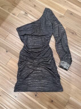 One-Shoulder Ruched Metallic Gray Dress with Embellished Cuff